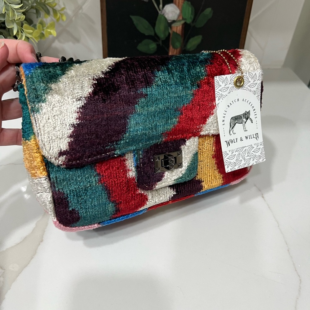 Wolf & Willa Multi Color Chenille Chain Crossbody/shoulder Purse Rich Colors
